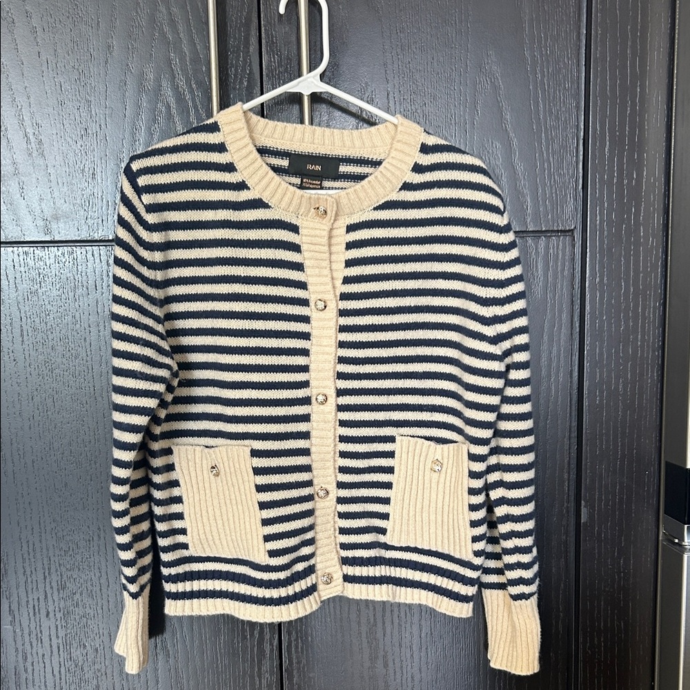 Women's Striped Sweater - Navy and Cream-Size XL